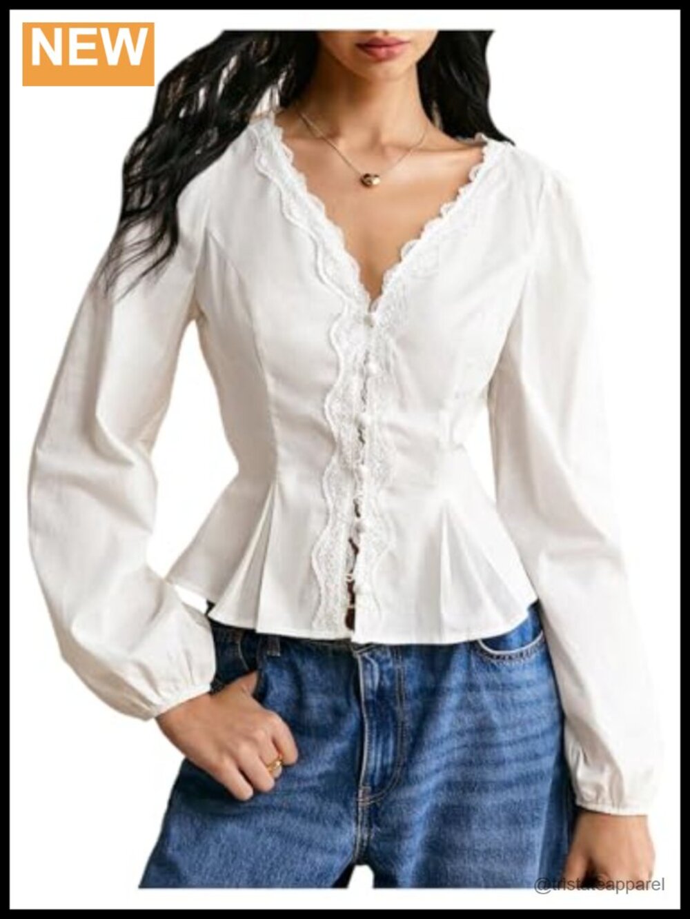 Women's Contrast Lace Trim V Neck Peplum Blouse Button Down Long Sleeve Shirt